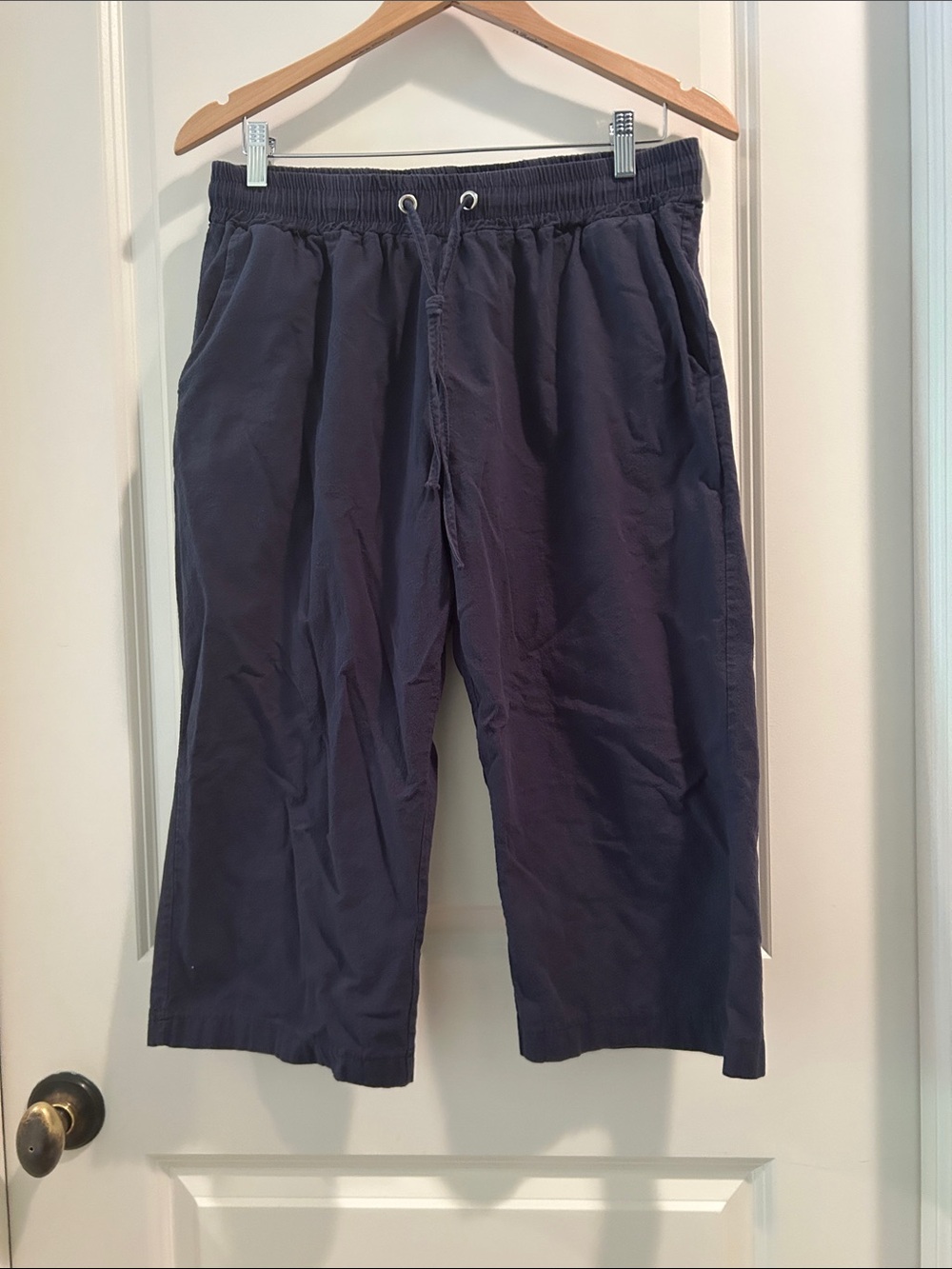 Unbranded Drawstring Elastic High-Waist Wide-Leg Capri Pants Pockets Navy XL